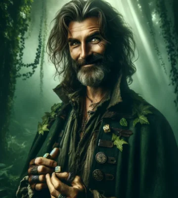 DALL·E 2024-04-19 17.49.20 - A portrait of 'The Bard,' a gambling figure from the forest. He has a rugged, weathered face with a sly smile and piercing eyes, and long, unkempt hai
